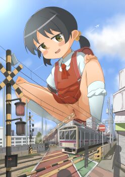 1girl absurdres aircraft airplane anus backpack bag black_hair blush_stickers building city cleft_of_venus cloud female_focus giant giantess hair_bobbles hair_ornament highres kaai_yuki keio_corporation loli looking_at_viewer multiple_unit_train necktie open_mouth outdoors panties_around_leg peeing public_indecency public_nudity puddle pussy railroad_crossing railroad_tracks randoseru red_necktie red_skirt road_sign school_uniform short_twintails sign silhouette skirt sky skyscraper smile smirk socks spread_legs squatting steam train twintails udonko_(tinanago7715) uncensored vocaloid white_socks yellow_eyes