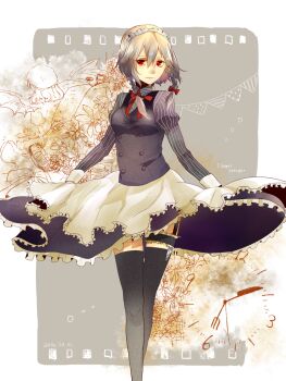 Rule 34 | 1girl, alternate costume, apron, black thighhighs, black vest, border, bow, braid, breasts, buttons, character name, clock, clothes lift, commentary request, double-breasted, flower, frills, grey hair, hair bow, hair ribbon, highres, holding, izayoi sakuya, knife, lace-trimmed garter straps, long sleeves, looking at viewer, maid, maid apron, maid headdress, medium breasts, outside border, puffy sleeves, red eyes, ribbon, sentimental hayashi, shirt, short hair, skirt, skirt lift, solo, standing, striped clothes, striped shirt, thighhighs, thighs, touhou, twin braids, vest, waist apron, weapon, white border, zettai ryouiki