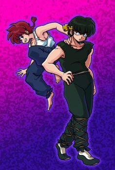 1boy 1girl bandana barefoot braid braided_ponytail breasts commentary_request hibiki_ryouga jumping ranma-chan ranma_1/2 red_hair smile toes wanta_(futoshi) yellow_bandana