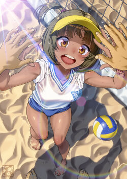 1boy 1girl artist_logo ball bare_shoulders barefoot beach beach_volleyball blue_buruma blunt_bangs bra brown_hair buruma collarbone from_above gym_uniform hat highres holding_hands light_rays lips logo looking_at_viewer one_side_up open_mouth orange_eyes original pairan pink_lips pov rainbow sand see-through_clothes see-through_shirt shirt short_hair sidelocks solo_focus sports_bra standing sunbeam sunlight sweat tan teeth thighs underwear upper_teeth_only visor_cap volleyball volleyball_(object) white_shirt white_sports_bra