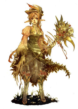 Rule 34 | 1girl, boots, brown hair, cropped jacket, dress, earrings, flower, foliage, full body, green dress, hat, hat feather, holding, holding staff, jewelry, juliet sleeves, long fingers, long hair, long pointy ears, long sleeves, looking at viewer, mage staff, parted lips, pixiv fantasia, pixiv fantasia 1, plant, pointy ears, puffy sleeves, simple background, single earring, solo, staff, standing, white background, yoki (yotosekka)