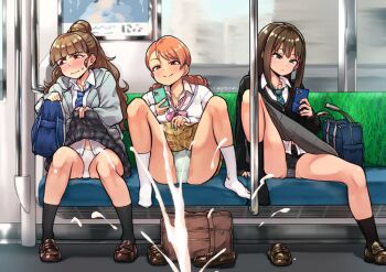3girls blush clothes_lift cum ejaculation flashing gojarun hojo_karen idolmaster idolmaster_cinderella_girls kamiya_nao lifting_own_clothes multiple_girls non-web_source panties partially_visible_vulva pov public_indecency shibuya_rin skirt skirt_lift tagme third-party_edit train train_interior triad_primus_(idolmaster) underwear upskirt