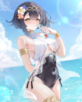 1girl alice_vu alternate_costume amber_(stella_sora) arm_behind_back armlet armpit_crease bare_shoulders black_hair black_one-piece_swimsuit bracelet breasts cellphone clothing_cutout commentary covered_navel cowboy_shot day flower hair_flower hair_ornament hairband hand_up highres holding jewelry lens_flare looking_at_viewer medium_breasts one-piece_swimsuit outdoors parted_lips phone short_hair skindentation solo stella_sora swimsuit thighlet thighs two-tone_one-piece_swimsuit underboob underboob_cutout wet yellow_eyes