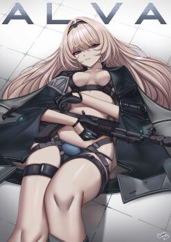 1girl absurdres alva_(girls&#039;_frontline_2) an-94 an-94_(girls&#039;_frontline) artist_name assault_rifle black_capelet black_gloves black_hairband blonde_hair blue_eyes blue_panties breasts caiman_pool capelet character_name girls&#039;_frontline girls&#039;_frontline_2:_exilium gloves gun hairband highres holding holding_gun holding_weapon long_hair looking_at_viewer lying on_back on_floor panties rifle smile solo tile_floor tiles underwear weapon