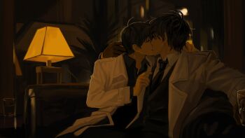 Rule 34 | 2boys, arm around neck, black gloves, black hair, black necktie, black vest, closed eyes, coat, couch, cup, gloves, hand on another's shoulder, highres, holding, holding cup, indoors, keomikan, kim dokja, kiss, lamp, male focus, multiple boys, necktie, omniscient reader's viewpoint, open clothes, open coat, plant, popped collar, potted plant, secretive plotter, sepia, short hair, sitting, upper body, vest, white coat, yaoi, yoo joonghyuk