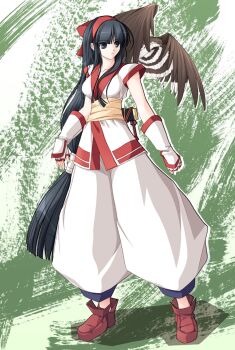 1girl ainu_clothes alternate_hairstyle artist_request black_eyes black_hair breasts clenched_hand fingerless_gloves gloves hair_ribbon highres large_breasts legs long_hair looking_to_the_side mamahaha nakoruru pants parted_lips ribbon samurai_spirits snk source_request teeth the_king_of_fighters thighs weapon