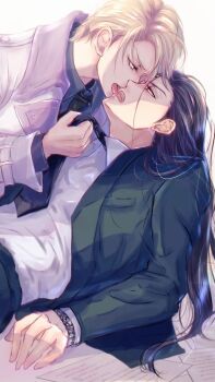 2boys artist_request bindi black_hair black_neckwear blonde_hair collar earrings eyelashes face-to-face final_fantasy final_fantasy_vii final_fantasy_vii_remake formal_clothes french_kiss jewelry kiss long_hair looking_at_another lying male_focus multiple_boys necktie open_mouth paper ponco_pacoooon rufus_shinra shiny_clothes shirt short_hair simple_background square_enix suit tongue tongue_out tseng turks_(ff7) watch white_background white_shirt white_suit wing_collar wristwatch yaoi