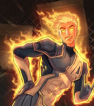 1boy chain-link_fence colored_skin commentary covered_abs covered_pectorals english_commentary fantastic_four fence fiery_hair hand_on_own_hip highres johnny_storm male_focus marvel marvel_rivals multicolored_bodysuit muscular muscular_male no_pupils orange_skin pectorals short_hair soapallo solo tongue tongue_out two-tone_bodysuit upper_body