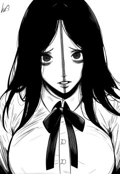 1girl absurdres alternate_breast_size_(larger) bow bowtie breasts chainsaw_man collared_shirt commentary greyscale highres large_breasts lughost monochrome parted_lips princi_(chainsaw_man) raised_inner_eyebrows shirt signature solo upper_body zipper