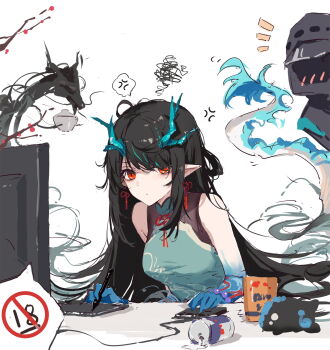 1girl computer cup doctor_(arknights) dusk highres simple_background yajuu