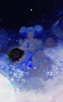 Rule 34 | 1girl, bare shoulders, blue hair, breasts, cleavage, colored skin, double bun, dress, grey skin, hair bun, hair intakes, highres, knights of guinevere, long hair, looking at viewer, makeup, princess, princess guinevere, smile, solo, tran (traannahh), white dress