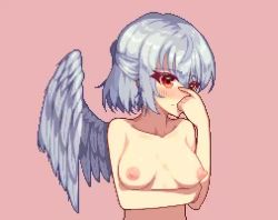 1girl angel_wings animated arm_under_breasts blinking blush bouncing_breasts breasts closed_eyes completely_nude covering_own_mouth feathered_wings hair_between_eyes hand_over_face hurumero kishin_sagume looking_at_viewer looking_away medium_breasts nipples nose_blush nude pink_background pixel_art red_eyes short_hair silver_hair simple_background single_wing solo touhou upper_body video wings
