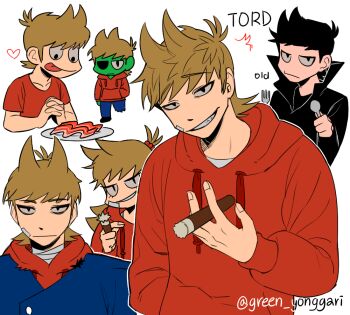 Rule 34 | 1girl, 5boys, :|, amputee, animification, annoyed, antenna hair, artist name, bacon, bags under eyes, bandage on cheek, bandaged neck, bandages, black coat, black eyes, black hair, black shoes, blue coat, blue pants, brown hair, character name, cigar, closed mouth, coat, colored skin, commentary request, drawstring, eddsworld, english text, expressionless, fang, flipped hair, food, fork, genderswap, genderswap (mtf), green skin, green yonggari, grin, hair behind ear, hair bobbles, hair ears, hair ornament, hand in pocket, heart, high collar, holding, holding cigar, holding fork, holding spoon, hood, hood down, hoodie, jitome, korean commentary, long hair, long sleeves, looking at food, looking at viewer, male focus, missing eye, multiple boys, multiple persona, official alternate costume, own hands together, pants, plain epaulettes, plate, prototype design, red army logo (eddsworld), red hoodie, red leader (eddsworld), red shirt, shirt, shoes, short hair, short sleeves, simple background, smile, spoon, tongue, tongue out, toon (style), tord (eddsworld), tori (eddsworld), trench coat, white background, zombie