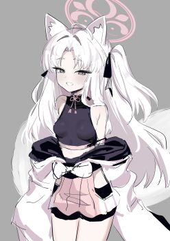 1girl absurdres animal_ear_fluff animal_ears bare_shoulders black_shirt blue_archive breasts cowboy_shot fox_ears fox_girl fox_tail grey_background grey_eyes grin halo highres japanese_clothes kimono kimono_pull kuzunoha_(blue_archive) looking_at_viewer makura_u9b parted_bangs pink_halo shirt simple_background sleeveless sleeveless_shirt small_breasts smile solo tail white_hair