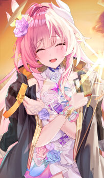 1girl :d absurdres black_jacket blush borrowed_clothes bracelet breasts closed_eyes commentary_request cyrene_(honkai:_star_rail) cyrene_(ripples_of_past_reverie)_(honkai:_star_rail) dress facing_viewer flower hair_flower hair_ornament highres honkai:_star_rail honkai_(series) jacket jewelry large_breasts open_mouth orange_sky outdoors pink_flower pink_rose pointy_ears rose sidelocks sky smile solo sunrise white-paka white_dress