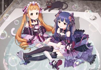 2girls :p :q absurdres animal bathtub black_bow black_cat black_choker black_gloves black_shoes black_thighhighs blue_hair blunt_bangs bow bow_choker bow_legwear bowtie brown_eyes brown_hair bubble cat choker closed_mouth collarbone commentary_request cup detached_collar detached_sleeves dress dress_bow earrings flower_box frilled_dress frilled_hairband frilled_sleeves frilled_thighhighs frills gloves hair_bow hair_intakes hairband high_heels highres hmax holding holding_cup holding_saucer ichihara_nina idol idol_clothes idolmaster idolmaster_cinderella_girls idolmaster_cinderella_girls_starlight_stage jewelry long_hair looking_at_viewer multiple_girls pink_bow pink_dress plate purple_dress red_eyes ribbon_choker sajo_yukimi saucer shoes short_dress sitting sleeve_ribbon soap_bubbles sponge_bath strapless strapless_dress teacup thighhighs tongue tongue_out twintails water wet white_hairband white_tail wide_sleeves