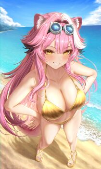 1girl absurdres animal_ears bare_arms bare_shoulders beach bikini blue_sky blush breasts cleavage cloud cloudy_sky collarbone commentary day feet goggles goggles_on_head grin hair_intakes highres hololive hololive_english knees large_breasts long_hair looking_at_viewer mixed-language_commentary multicolored_hair nail_polish navel ocean outdoors panther_ears panther_girl panther_tail pink_hair pink_nails pink_tail r3nnart27 raora_panthera sand sandals sky smile solo standing stomach streaked_hair swimsuit tail thighs toenail_polish toenails toes virtual_youtuber white_hair yellow_bikini yellow_eyes yellow_sandals
