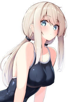 1girl bare_shoulders black_one-piece_swimsuit blue_eyes blush breasts brown_hair closed_mouth collarbone commentary_request hair_between_eyes highres long_hair looking_at_viewer low_ponytail medium_breasts ominaeshi_(takenoko) one-piece_swimsuit original ponytail simple_background solo swimsuit upper_body very_long_hair wet white_background