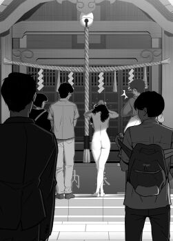 absurdres ass bare_back barefoot clothed_male_nude_female completely_nude greyscale highres kusujinn long_hair monochrome nude original praying public_indecency public_nudity sentenced_to_nudity shrine