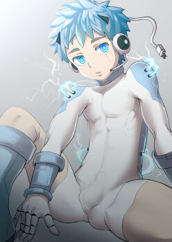 1boy android blue_eyes blue_hair boots bulge cable electricity glowing glowing_eyes headset highres joints looking_at_viewer male_focus original plug pov raven1224 robot_joints shota sitting solo spread_legs wrist_guards
