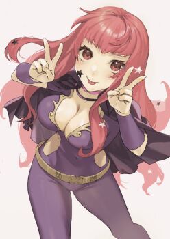 1girl :p belt bodysuit breasts choker cleavage clothing_cutout commentary_request covered_navel double_v facial_mark fire_emblem fire_emblem_engage from_above gold_belt hair_ornament large_breasts long_hair looking_at_viewer looking_up nintendo pink_choker purple_bodysuit red_eyes red_hair side_cutout smile solo star_(symbol) star_facial_mark star_hair_ornament tongue tongue_out tonmugi v yunaka_(fire_emblem)