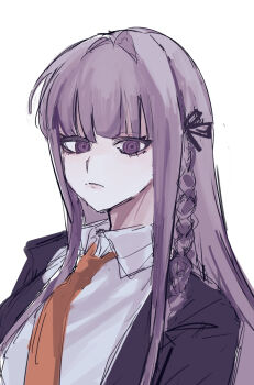 Rule 34 | 1girl, a-ru (r dngn), black ribbon, braid, brown necktie, collared shirt, commentary request, danganronpa: trigger happy havoc, danganronpa (series), frown, hair ribbon, highres, jacket, kirigiri kyoko, long hair, long sleeves, looking at viewer, necktie, open clothes, open jacket, purple eyes, purple hair, ribbon, shirt, side braid, solo, white background