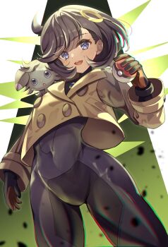 1girl 1other absurdres artist_request black_bodysuit black_hair blue_eyes bodysuit bodysuit_under_clothes collared_jacket covered_navel cowboy_shot curvy emma_(pokemon) espurr eyelashes gen_6_pokemon gloves highres holding holding_pokemon jacket long_sleeves looking_at_viewer nintendo open_mouth pokemon pokemon_(creature) pokemon_legends:_z-a short_hair signature simple_background wide_hips yellow_jacket