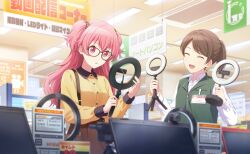 Rule 34 | 2girls, apron, blurry, brown hair, closed eyes, depth of field, glasses, highres, holding, long hair, momoi airi, multiple girls, official art, open mouth, pink hair, project sekai, shirt, smile