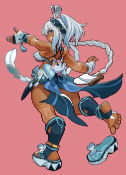 1girl ass blue_hair blue_hairband blue_sandals braid breasts brown_eyes commentary eyebrows_hidden_by_hair from_behind genshin_impact hairband highres long_hair looking_at_viewer medium_breasts mualani_(genshin_impact) nail_polish nezo open_mouth outstretched_arms pink_background platform_sandals sandals shoes simple_background smile soles solo spread_arms standing standing_on_one_leg tan tanline toes unworn_shoes very_long_hair