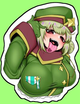 1girl araga_kiwi blonde_hair breasts commentary_request gloves green_background hat highres large_breasts leoparde_(mahou_shoujo_ni_akogarete) looking_at_viewer love0craft mahou_shoujo_ni_akogarete medium_hair military_hat military_uniform mole mole_under_eye open_mouth pointing pointing_at_self red_eyes saliva sharp_teeth simple_background solo teeth tongue tongue_out upper_body