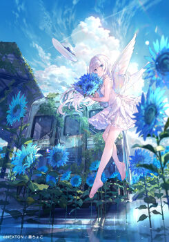 1girl angel_wings bare_legs barefoot blue_eyes blue_flower blue_sky bouquet cloud cloudy_sky day dress feathered_wings flower full_body fuzichoco hat highres holding holding_bouquet holding_flower long_hair looking_at_viewer original outdoors overgrown ruins second-party_source sky sleeveless sleeveless_dress solo sun_hat sunflower toes train train_station unworn_hat unworn_headwear white_dress white_hair white_wings wings