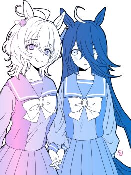 agnes_tachyon_(umamusume) ahoge animal_ears black_hair blue_shirt blue_skirt blush bow chemical_structure ear_tag earrings hair_between_eyes highres holding_hands horse_ears horse_girl horse_tail jewelry long_bangs long_hair long_hair_between_eyes long_sleeves looking_at_another manhattan_cafe_(umamusume) negimatukune043 pink_shirt pink_skirt pleated_skirt school_uniform serafuku shirt shirt_tucked_in short_hair single_earring skirt smile tail tracen_school_uniform umamusume very_long_hair