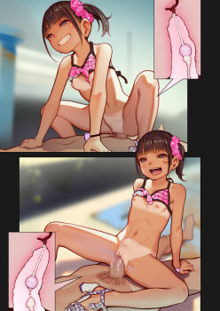 1boy 1girl absurdres age_difference assertive_female bikini bikini_tan bikini_top_only birth_control black_hair blunt_bangs blurry blush bottomless breasts breasts_apart candy censored cervix cowgirl_position cross-section depth_of_field flat_chest food girl_on_top grin happy_sex hetero highres loli lollipop mosaic_censoring muk_(monsieur) nipples no_socks open_mouth penis pussy pussy_bulge saliva saliva_trail sex small_areolae small_breasts small_nipples smile sounding squatting_cowgirl_position stomach_bulge straddling swimsuit tan tanline urethral_insertion vaginal x-ray