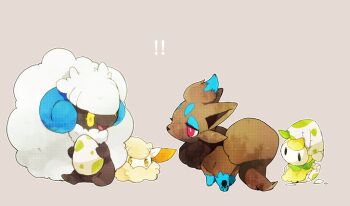 alternate_color closed_eyes cottonee egg fox gen_5_pokemon nintendo no_humans petilil pokemon pokemon_(creature) simple_background sitting smile standing whimsicott zorua