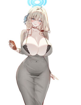1girl aged_up alternate_costume asuna_(blue_archive) bag black_bra blonde_hair blue_archive blue_eyes blue_halo bra breasts cleavage commentary dated_commentary dongtan_dress english_commentary geonjeonji halo highres holding holding_bag huge_breasts lips long_hair long_sleeves looking_at_viewer mole mole_under_mouth parted_lips simple_background solo standing underwear white_background wide_hips