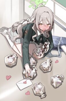 Rule 34 | 1girl, absurdres, blue archive, bow, bowtie, braid, choppy bangs, commentary request, diagonal-striped bow, diagonal-striped bowtie, diagonal-striped clothes, doodle sensei (blue archive), flower halo, green bow, green bowtie, green halo, grey hair, grey skirt, hair bow, hair ribbon, halo, heart, highres, letter, long hair, long sleeves, miyo (blue archive), plaid clothes, plaid skirt, ribbon, ribbon braid, sensei (blue archive), seorang, shirt, skirt, socks, solo, striped bow, striped bowtie, striped clothes, very long hair, white bow, white shirt, white socks, yellow eyes