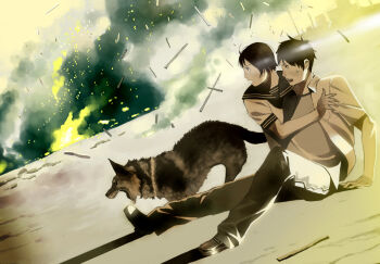 Rule 34 | black hair, destruction, dirty, dog, dust, explosion, fangs, fire, on ground, open mouth, school uniform, shiira, short hair, sitting, smoke