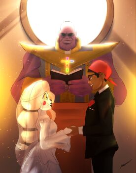 1girl 2boys baseball_cap black_eyes black_jacket black_lips black_pants black_suit blonde_hair book bridal_veil charlie_morningstar collared_shirt colored_sclera colored_skin dark-skinned_male dark_skin dress flower formal_clothes glasses hat hazbin_hotel hellaverse highres holding holding_book husband_and_wife jacket kern_(kernartist) lectern long_hair marvel multiple_boys pale_skin pants purple_skin red_flower red_headwear red_rose rose shirt suit suit_jacket thanos tuxedo veil verbalase_(youtuber) wedding wedding_dress white_dress white_shirt yellow_sclera