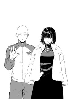 1boy 1girl assertive_female bald casual coat dress earrings elegant fubuki_(one-punch_man) hair_between_eyes highres jacket jewelry medium_hair necklace one-punch_man psychic saitama_(one-punch_man) short_hair shorts sketch standing