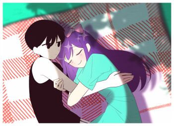 1boy 1girl aqua_dress arm_hug aubrey_(headspace)_(omori) aubrey_(omori) b_hong bare_arms black_eyes black_hair black_pants black_shirt blurry blurry_background bow closed_eyes closed_mouth colored_skin commentary_request cowboy_shot dappled_sunlight day double-parted_bangs dress empty_eyes expressionless from_above grass hair_behind_ear hair_between_eyes hair_bow hug jitome korean_commentary light_frown long_hair lying no_pupils omori omori_(omori) on_side outdoors pants picnic_blanket pink_bow pinstripe_pants pinstripe_pattern purple_hair shadow shirt short_hair short_sleeves sidelocks single_bare_arm single_bare_shoulder smile sparkle sunlight two-tone_pants u_u very_long_hair very_short_hair white_pants white_skin