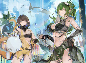 2girls absurdres arknights bare_shoulders bikini black_bikini black_gloves black_hair blue_eyes blue_hair breasts cleavage closed_mouth commentary cowboy_shot day elbow_gloves eunectes_(arknights) gavial_(arknights) gavial_the_invincible_(arknights) gloves green_hair hand_on_own_hip highres holding jumbowhopper korean_commentary large_breasts long_hair looking_at_viewer mask material_growth medium_breasts multicolored_hair multiple_girls navel oripathy_lesion_(arknights) outdoors palm_tree partially_fingerless_gloves pointy_ears respirator robot short_hair snake_tail stomach strapless strapless_bikini swimsuit tail tree two-tone_hair yellow_eyes