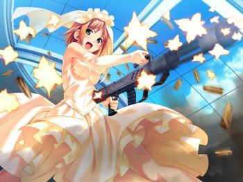 >:d 10s 1girl :d bare_shoulders blush breasts bridal_veil casing_ejection day dress elbow_gloves female_focus firing from_below game_cg gatling_gun gloves gown green_eyes gun highres holding holding_gun holding_weapon indoors koutaro legs_apart looking_at_viewer medium_breasts minazuki_izumi motion_blur open_mouth orange_hair petticoat shell_casing short_hair sideboob sky skylight smile solo strapless strapless_dress tropical_kiss two-handed v-shaped_eyebrows veil weapon wedding_dress white_gloves yellow_dress