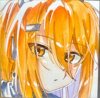 1girl a.i._voice adachi_rei alternate_hair_length alternate_hairstyle closed_mouth commentary hair_ornament hairclip hamano_yui highres long_hair looking_at_viewer orange_eyes orange_hair portrait shikishi solo traditional_media utau