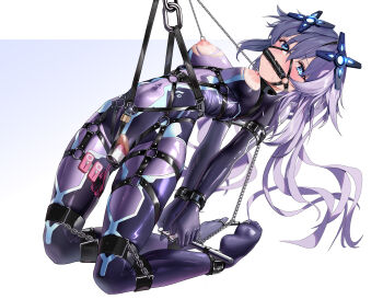 1girl ankle_cuffs bdsm bit_gag blue_eyes bondage bound bound_arms bound_wrists breasts cameltoe censored chain choujigen_game_neptune commission cuffs dildo dildo_harness egg_vibrator female_focus gag gag_harness gagged handcuffs hanging highres latex lock long_hair looking_at_viewer maho_shi_ma medium_breasts mosaic_censoring neptune_(neptunia) neptune_(series) nipple_piercing nipple_rings nipples object_insertion padlock piercing purple_hair purple_heart_(neptunia) restrained saliva second-party_source sex_toy shibari shibari_over_clothes simple_background skindentation solo suspension vaginal vaginal_object_insertion very_long_hair vibrator white_background