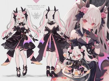 1girl bat_wings beelzebub black_choker black_dress black_gloves cake chibi choker demon demon_horns dessert dress flower food fork frills gloves gluttony hair_ornament high_heels horns lace long_hair multicolored_hair multiple_views namiki_itsuki original pink_flower pink_hair pink_rose red_eyes reference_sheet rose seven_deadly_sins twintails weapon white_hair wings