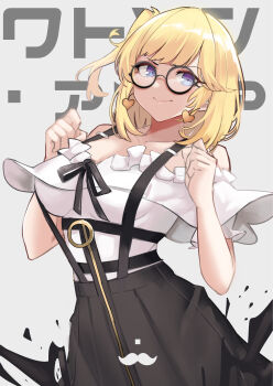 1girl absurdres black-framed_eyewear blonde_hair blue_eyes bob_cut breasts coat earrings frilled_shirt frills glasses heart heart_earrings highres hololive hololive_english jewelry large_breasts long_hair mustache_print off-shoulder_shirt off_shoulder official_alternate_hairstyle plaid_clothes plaid_coat round_eyewear shirt skirt virtual_youtuber vuxer watson_amelia watson_amelia_(street_casual) zipper_skirt