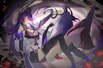 1girl absurdres acheron_(honkai:_star_rail) asymmetrical_footwear black_choker black_gloves black_shorts bone boots breasts chain choker cleavage coat coattails detached_sleeves flower gloves hair_over_one_eye hair_spread_out highres honkai:_star_rail honkai_(series) hutao_yingying long_hair midriff multicolored_hair navel purple_eyes purple_hair red_flower short_shorts shorts single_bare_shoulder skeleton solo stomach streaked_hair thigh_boots white_coat