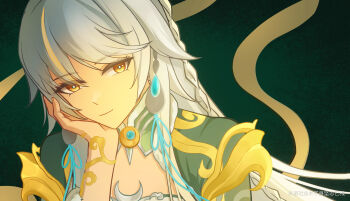 Rule 34 | 1girl, absurdres, blonde hair, braid, bright pupils, chinese commentary, cleavage cutout, closed mouth, clothing cutout, commentary request, crescent, dress, earrings, genshin impact, hand on own cheek, hand on own face, head rest, highres, jewelry, long hair, looking at viewer, multicolored hair, muzi shenjian zhiyican, smile, solo, streaked hair, upper body, very long hair, white hair, white pupils, yellow eyes, zibai (genshin impact)