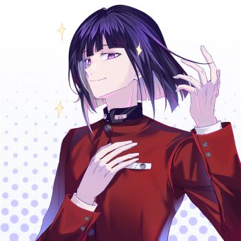 Rule 34 | 1boy, buttons, chinese commentary, closed mouth, colored inner hair, commentary request, eyelashes, hand on own chest, hand up, high collar, highres, jacket, long sleeves, male focus, multicolored hair, pink eyes, purple hair, red jacket, short hair, smile, solo, sparkle, the hundred line -last defense academy-, tsukumo ima, two-tone hair, upper body, variant set, white hair, zhuixuesnow