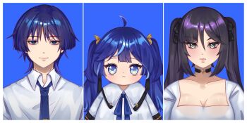 1boy 2girls :< ahoge alternate_costume alternate_universe aqua_eyes arms_at_sides black_choker black_hair black_trim blue_background blue_bow blue_eyes blue_hair blue_necktie blunt_bangs blunt_ends bow breasts casual choker choppy_bangs cleavage closed_mouth collarbone collared_shirt contemporary crescent_ornament crossover double-parted_bangs dress eyelashes family genshin_impact grey_lips grey_pupils hair_between_eyes hair_bow hair_tie highres if_they_mated iuno_(wuthering_waves) koviiy large_bow long_hair looking_at_viewer mona_(genshin_impact) multicolored_hair multiple_girls necktie pink_lips portrait purple_hair scaramouche_(genshin_impact) school_uniform shirt short_sleeves sidelocks smile split_screen star_(symbol) star_choker star_ornament straight-on streaked_hair swept_bangs twintails white_dress white_shirt white_sleeves wuthering_waves